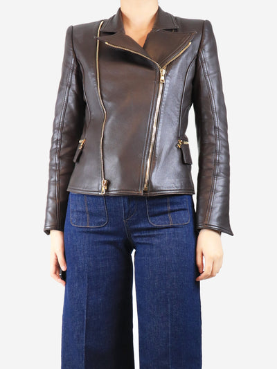 Brown leather biker jacket - size UK 12 Coats & Jackets Balmain