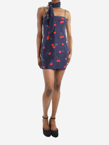 Realisation Navy blue cherry printed mini dress and scarf set - size S