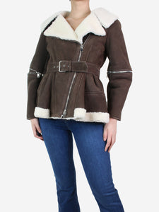 Alexander McQueen Dark brown belted shearling jacket - size UK 8