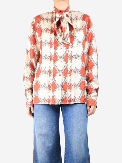 Beige and rust silk printed neck-tie blouse - size UK 10 Tops Gucci
