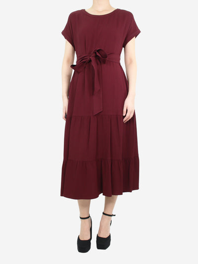 Burgundy short-sleeved midi dress with belt - size UK 12 Dresses Weekend Max Mara 