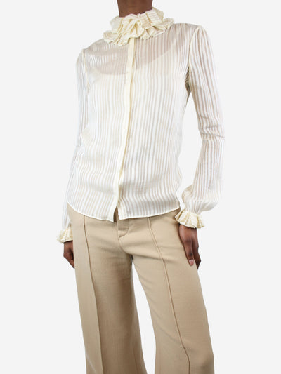 Cream silk striped ruffle shirt - size UK 8
