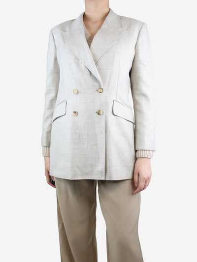 Beige double-breasted wool-blend blazer - size UK 12