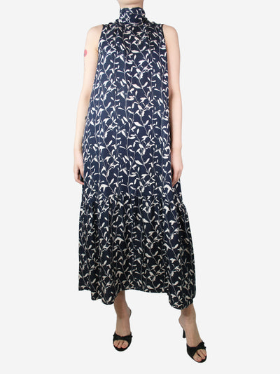 Navy blue silk sleeveless floral dress - size M Dresses Asceno 
