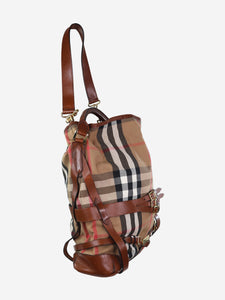 Burberry Brown checkered tote with leather belt buckle details
