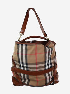 Burberry Brown checkered tote with leather belt buckle details