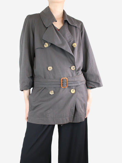 Brown double-breasted belted short trench coat - size UK 8