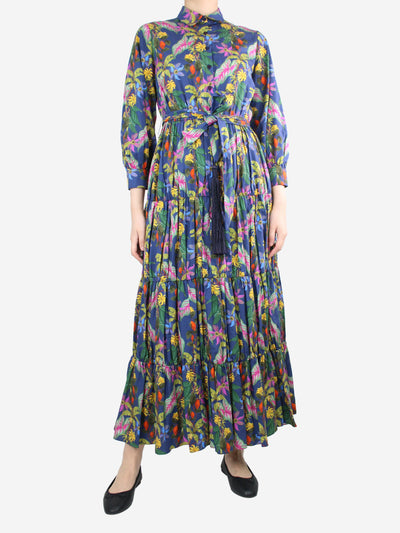 Dark blue belted floral printed dress - size UK 10