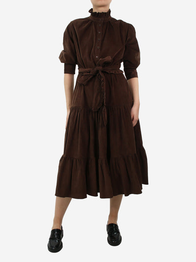 Brown high-neck corduroy tiered midi dress, with belt - size S Dresses Evi Grintela 