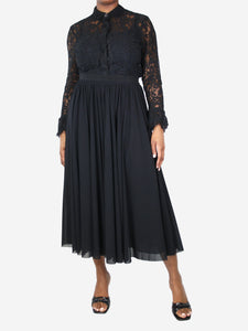 Jil Sander Black elasticated waist pleated midi skirt - size UK 14