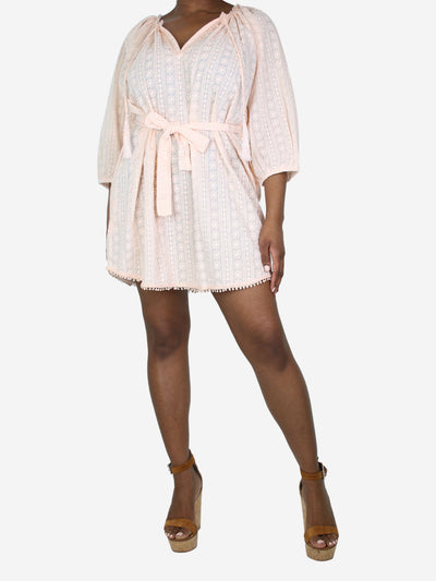 Pink Alicia tonal embroidered belted mini dress - size L Dresses Melissa Odabash 