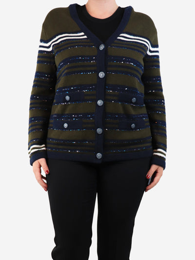 Khaki and navy sequin embellished cashmere cardigan - size UK 12 Knitwear Chanel