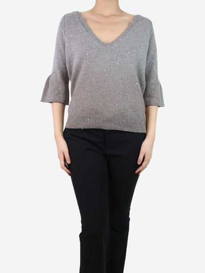 Grey ombre deep v-neck jumper with bell sleeves - size XL Knitwear Brunello Cucinelli 