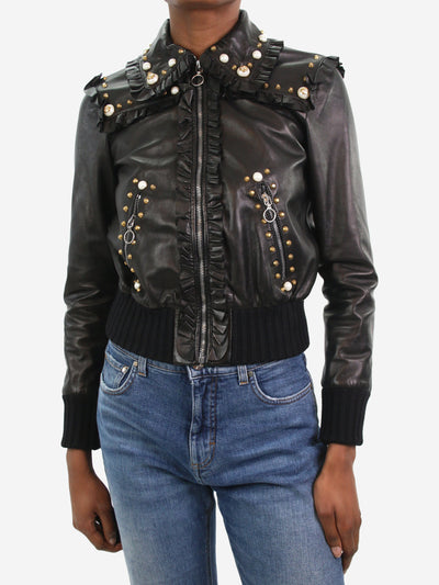 Black pearl-embellished leather jacket with ruffle trim - size IT 36 Coats & Jackets Gucci 