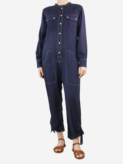 Blue silk-blend button-up jumpsuit - size UK 8