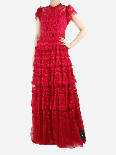 Red floral-embroidered mesh tiered maxi dress - size UK 10 Dresses Needle & Thread 
