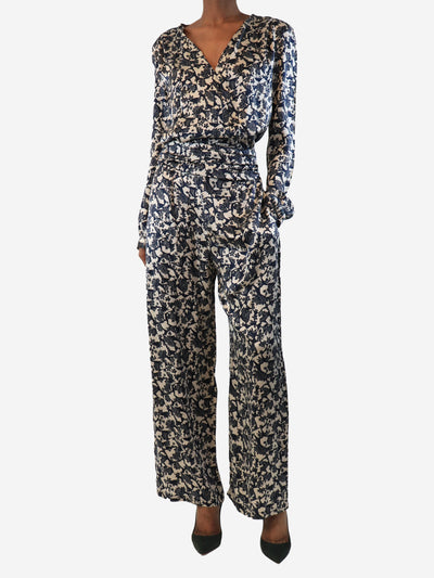 Navy blue and beige silk floral printed jumpsuit - size UK 6 Jumpsuits Ridley