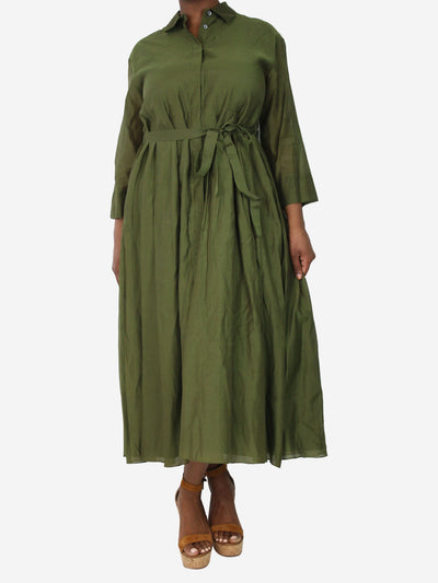 Green belted shirt pleated midi dress - size UK 14