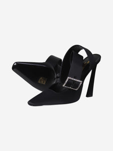 Saint Laurent Black square-toe diamante-buckle satin heels - size EU 37