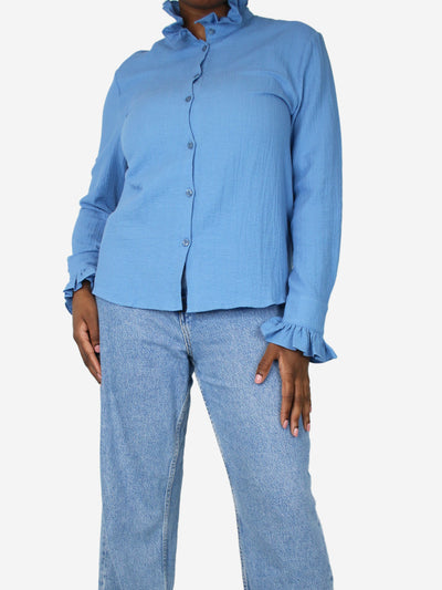 Blue ruffled crepe shirt - size L Tops APOF 