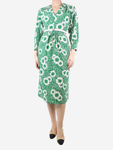 Prada Green floral-printed silk midi dress - size UK 6