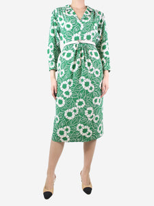 Prada Green floral-printed silk midi dress - size UK 6