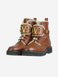 Valentino Brown fur lined lace up boots with brand logo - size EU 41