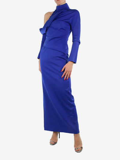 Blue long-sleeved shoulder cutout silk maxi dress - size UK 6 Dresses Shen Peng