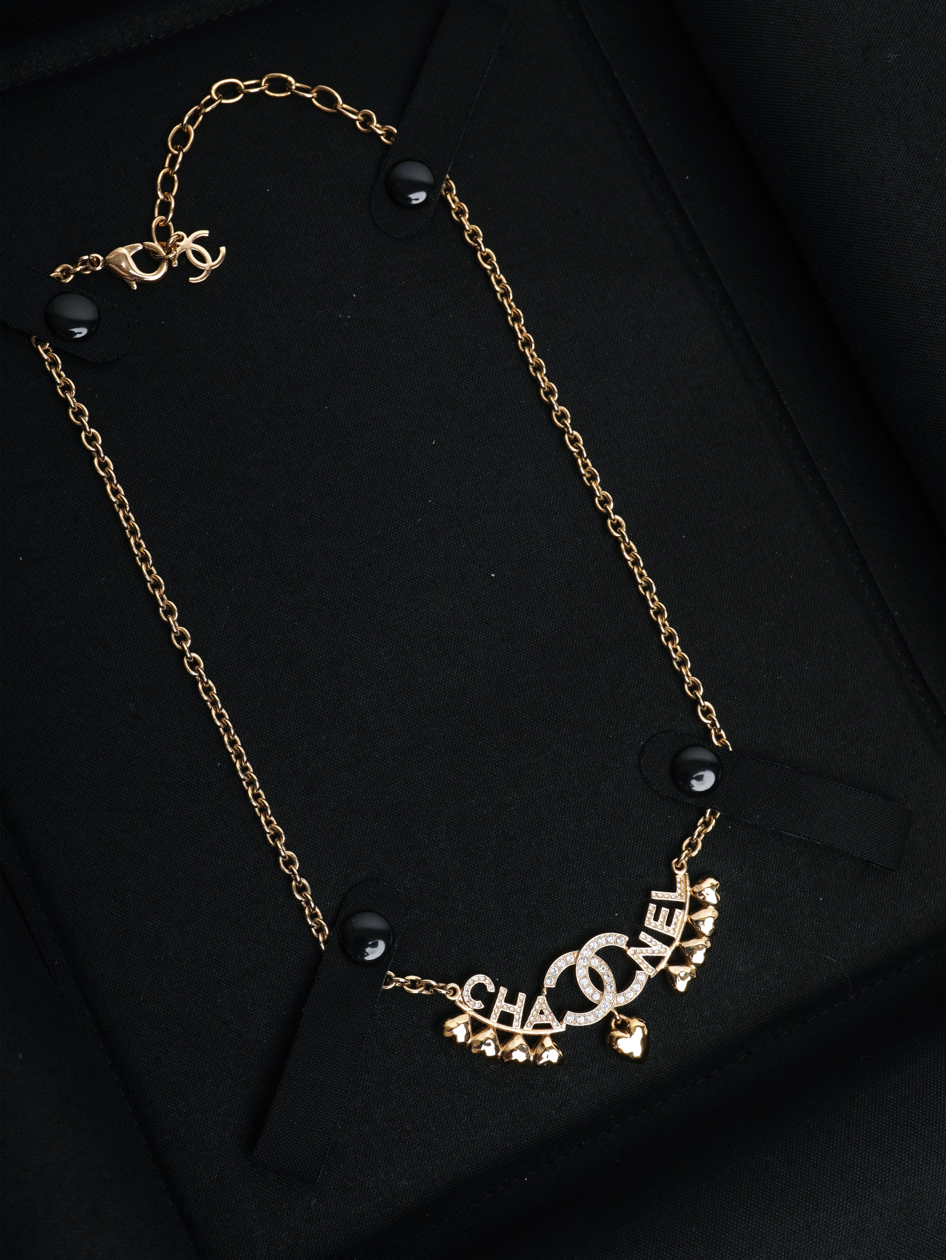 Gold CC Spellout heart rhinestone necklace