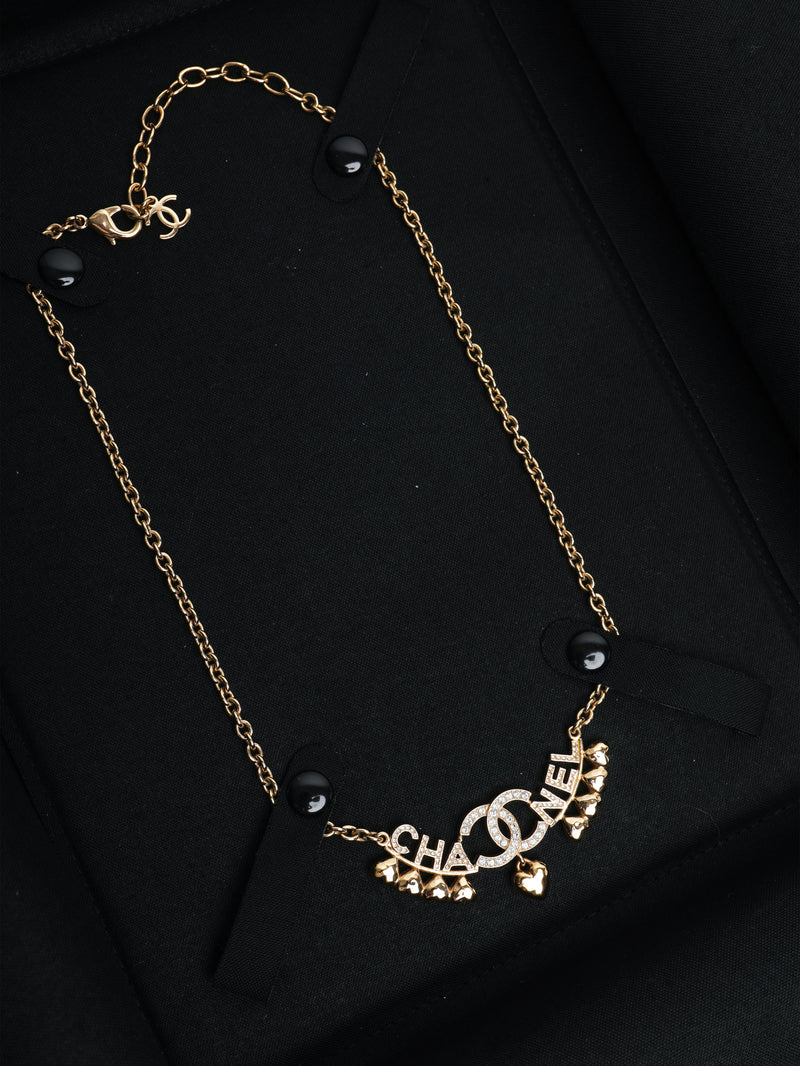 Gold CC Spellout heart rhinestone necklace