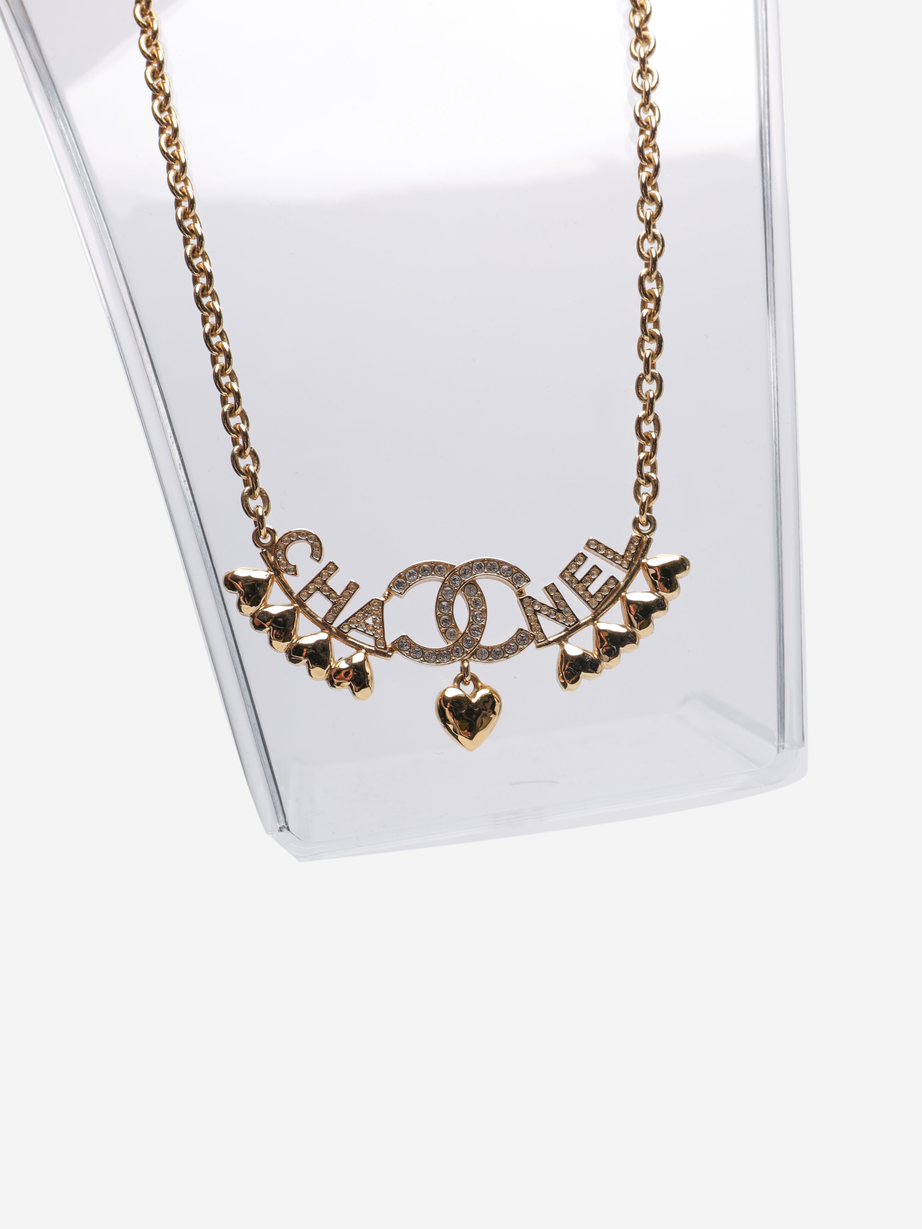 Gold CC Spellout heart rhinestone necklace