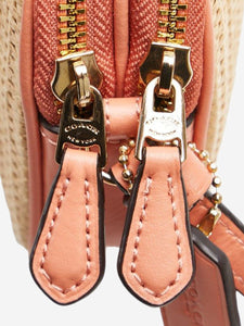 Coach Neutral and coral raffia and leather crossbody bag