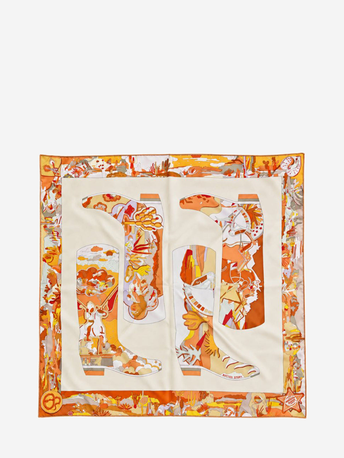 Cream and orange Carré 90 Bottes Story silk scarf Scarves Hermes 