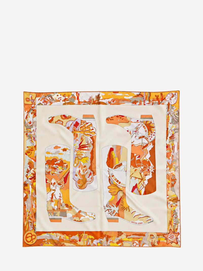 Cream and orange Carré 90 Bottes Story silk scarf Scarves Hermes 