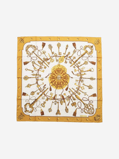 White and gold Carré 90 Les Cles Keys silk scarf Scarves Hermes 