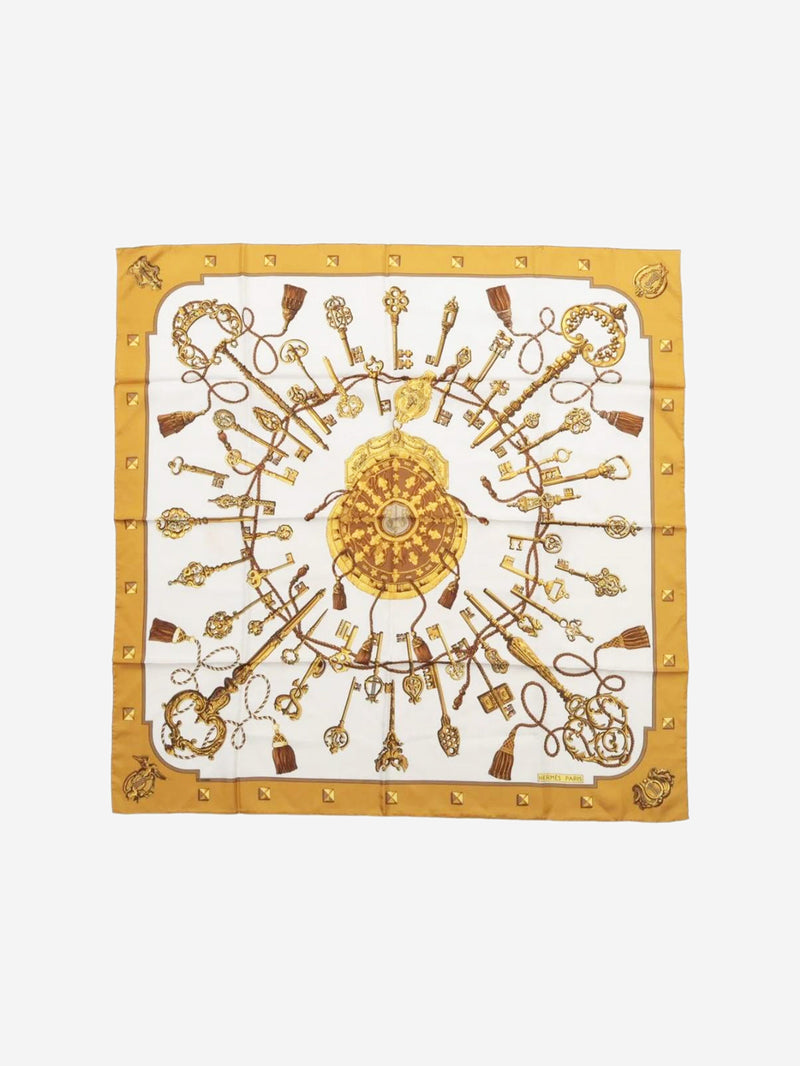 White and gold Carré 90 Les Cles Keys silk scarf Scarves Hermes 