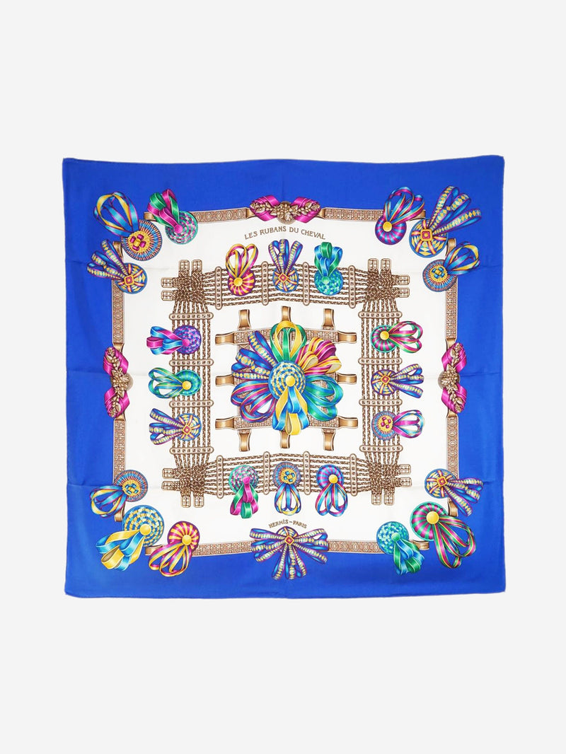 Blue Les Rubans du Cheval Carre 90 Silk Scarf Scarves Hermes 
