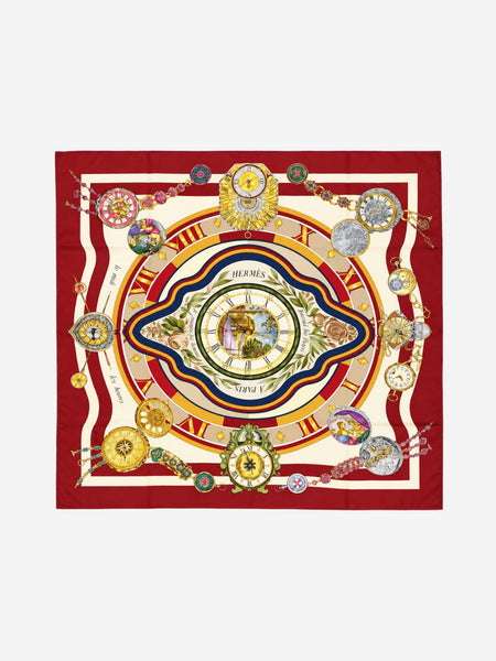 Red and cream Carré 90 Parmi les Fleurs je compte les heures silk scarf product image