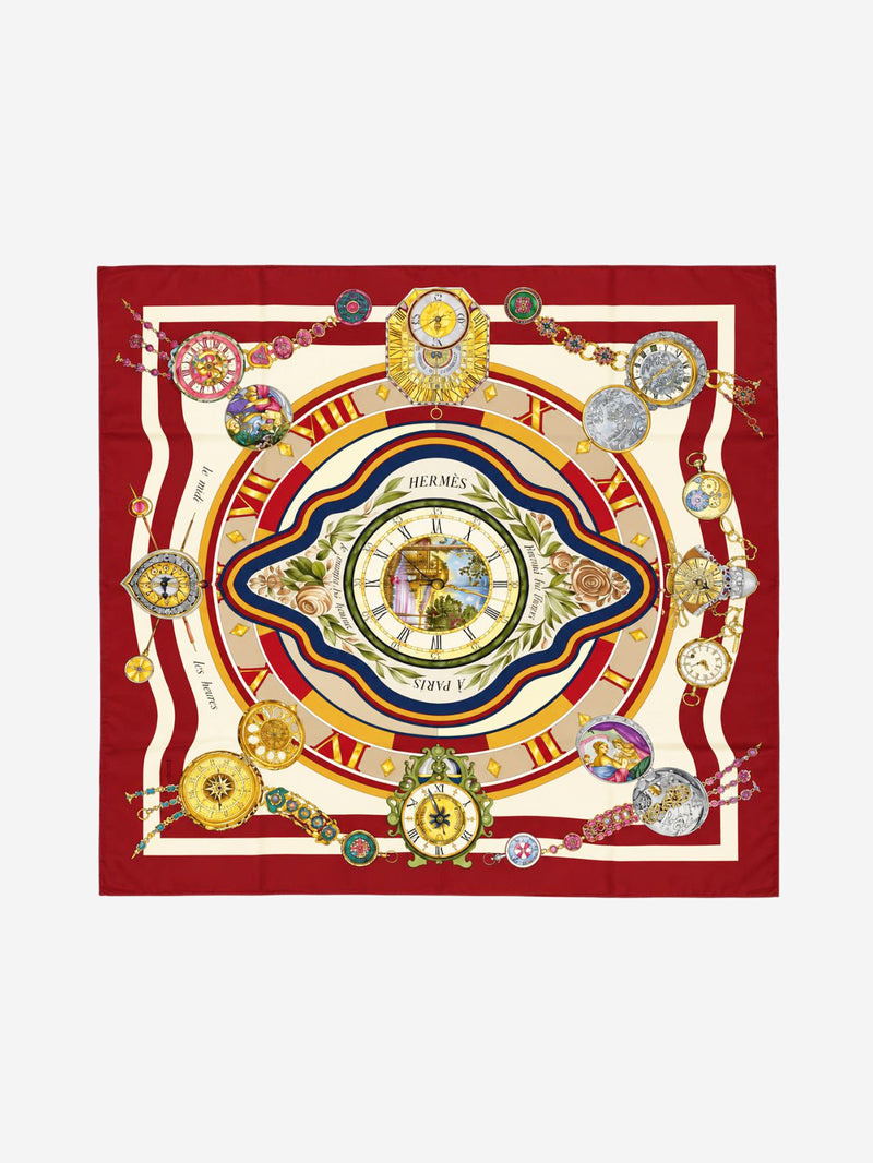 Red and cream Carré 90 Parmi les Fleurs je compte les heures silk scarf Scarves Hermes 