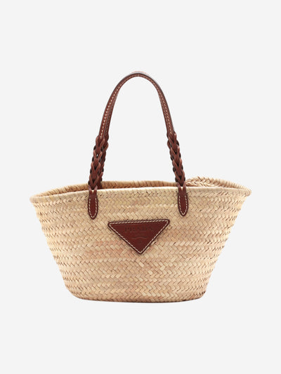 Neutral woven palm and leather tote