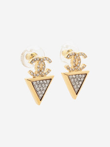 Chanel Gold plated CC rhinestone triangle earrings