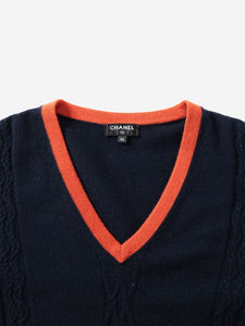 Chanel Navy knitted cashmere short sleeved jumper - size UK 8