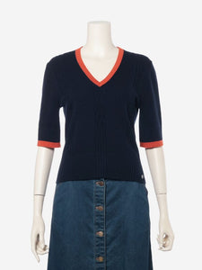 Chanel Navy knitted cashmere short sleeved jumper - size UK 8