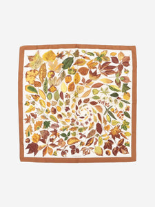 Hermes Brown autumnal leaves whirlpool silk scarf