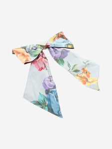 Prada Floral Silk Bow Hair Tie in Blue with Purple, Orange and Yellow Accents Prada pre-owned light blue floral bow hair clip | Sign of  main image 4