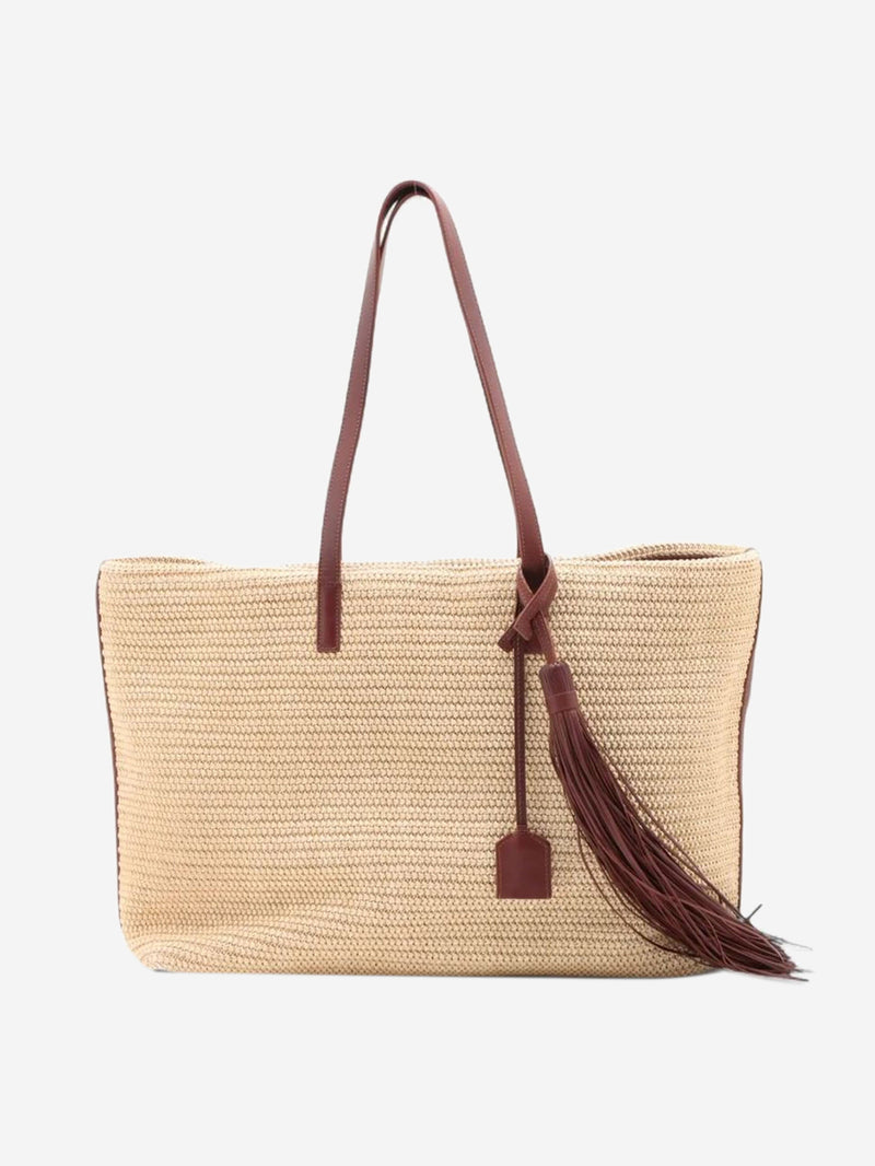 Neutral Paris raffia & leather tote bag Tote Bags Saint Laurent 