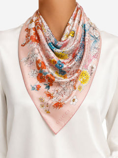 Pink floral silk twill scarf Scarves Gucci 