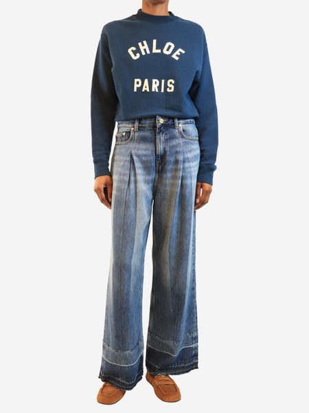 Blue pleated wide-leg woven jeans - size UK 6 alternate image