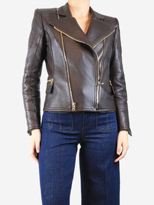 Balmain Brown leather biker jacket - size UK 12