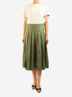 Green silk-blend pleated midi skirt - size UK 10